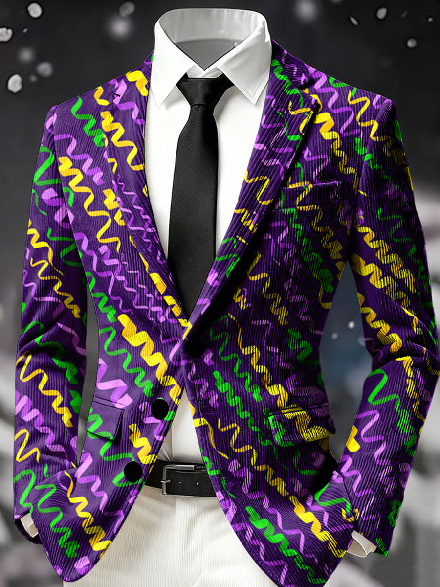 Men's Retro Mardi Gras Art Print Casual Corduroy Pocket Blazers